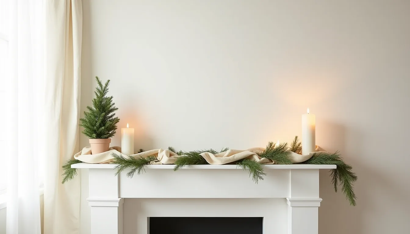 White mantelpiece with draped cream garland, potted evergreen, and pillar candle.
