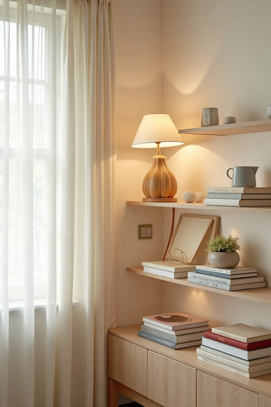 Left side shows cluttered shelf blocking outlet; right side shows properly spaced decorations with clear access.
