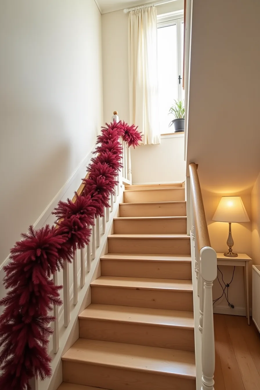 Burgundy-red garland spirals tightly down a staircase banister from top to bottom.