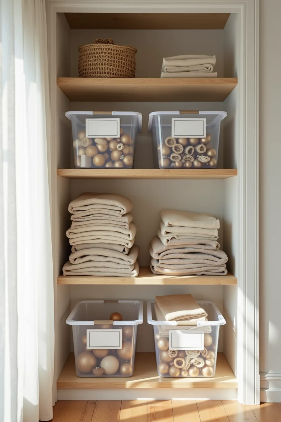 Storage closet shelves hold labeled plastic bins filled with folded garland, wooden ornaments, and wire frames.