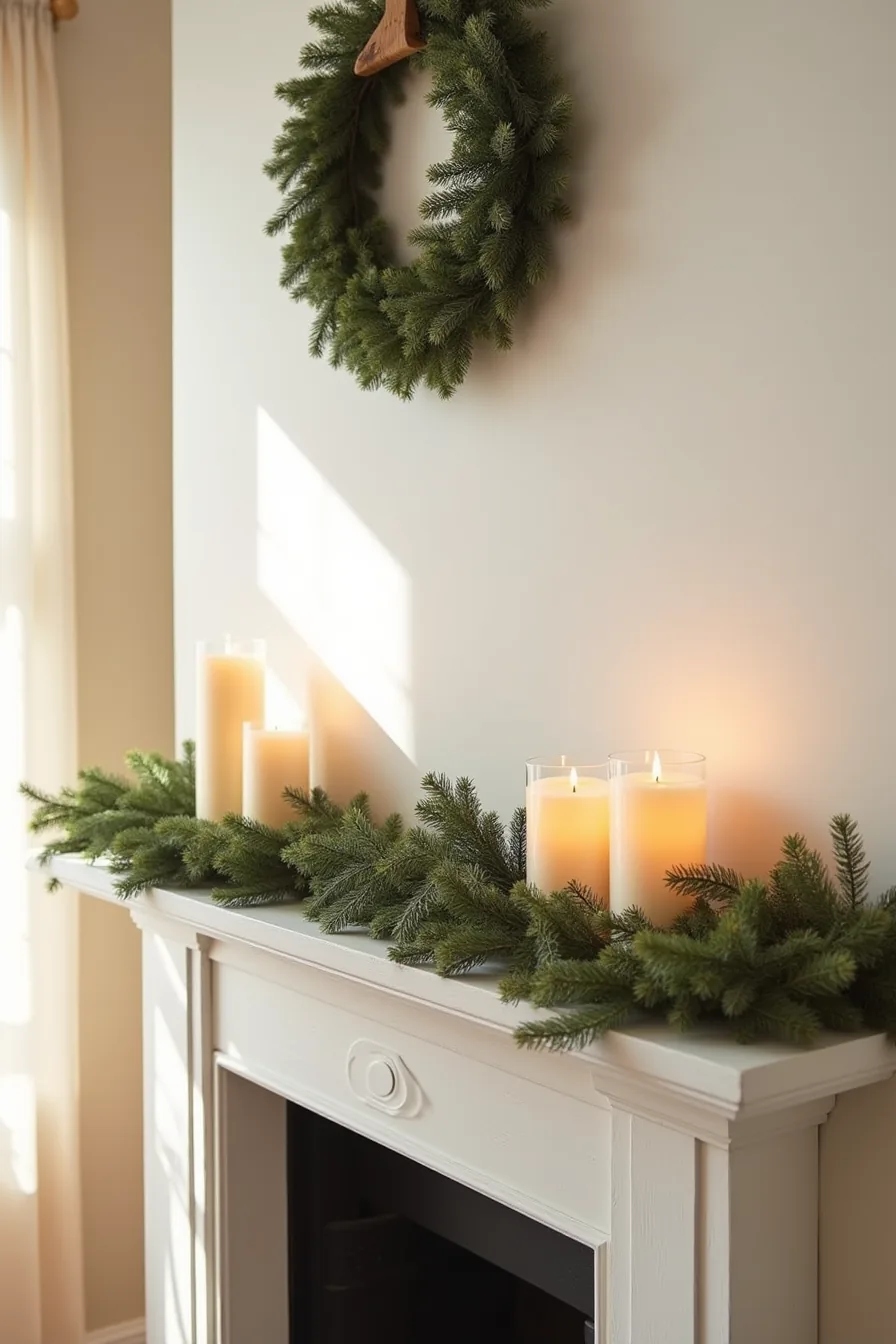 A fireplace mantel displays a garland swag, three glass candle holders, and a wooden wreath above.