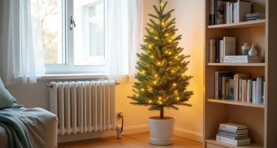 A potted evergreen tree with warm white lights stands in a studio corner between a radiator and bookshelf.