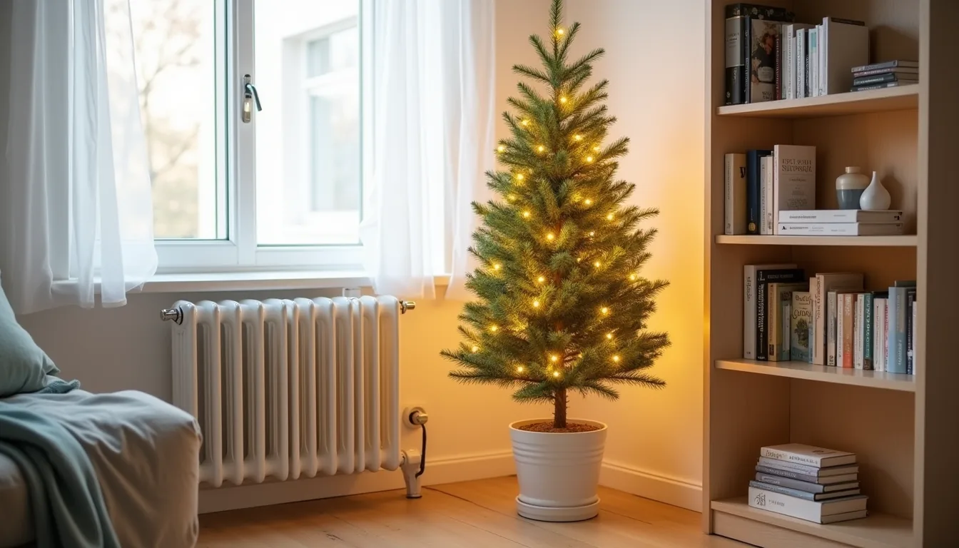 A potted evergreen tree with warm white lights stands in a studio corner between a radiator and bookshelf.
