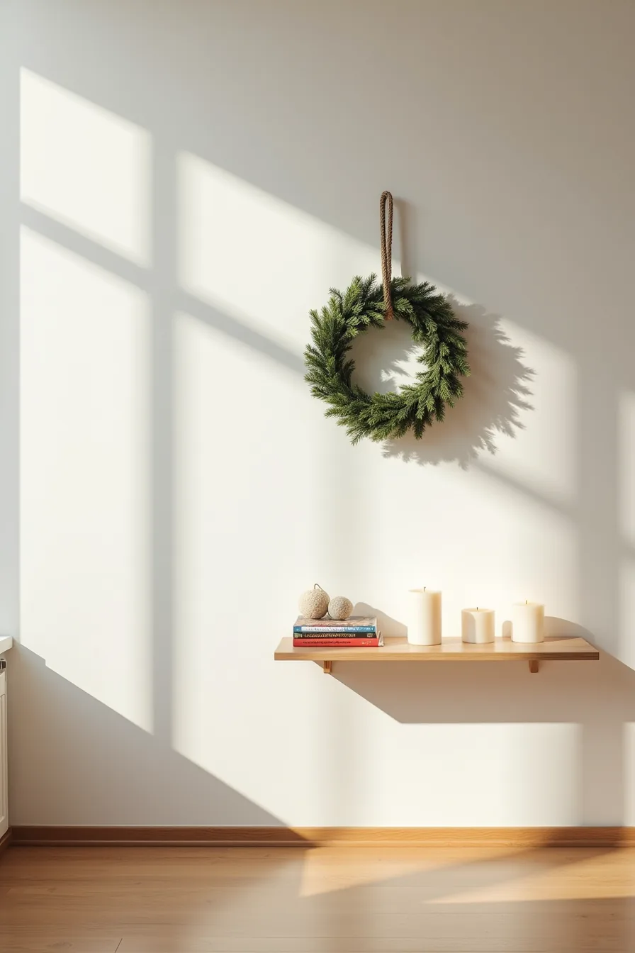 A wall displays a garland swag held by adhesive hooks, a wreath secured with command strips, and candles on a floating shelf.