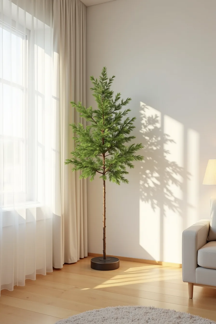 A slim artificial Christmas tree in a weighted stand fills a corner with clear floor space in front.