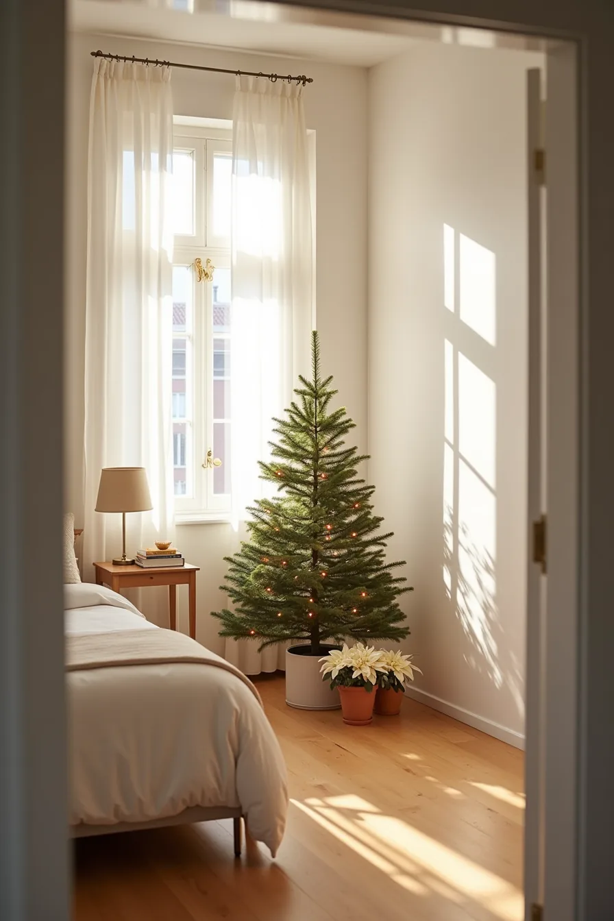 A tabletop Christmas tree with warm lights sits on a console table between two potted poinsettias in a bedroom corner.
