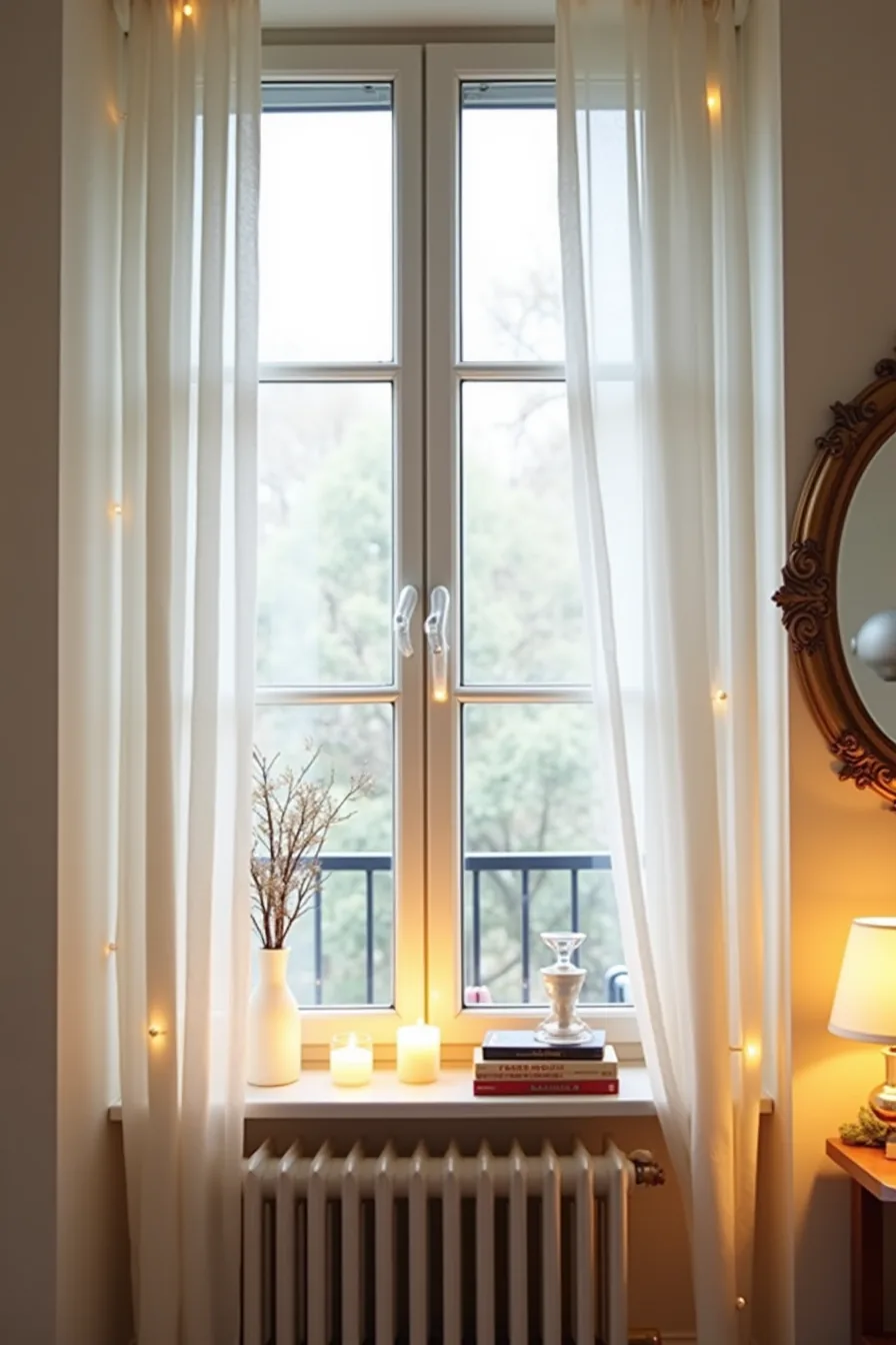 Battery-operated lights, mercury glass votives, and frosted ornaments decorate a window sill beside a reflective mirror.