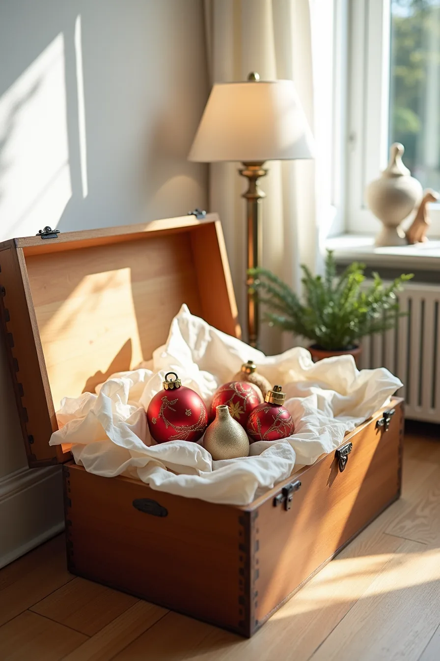 An open wooden storage chest filled with hand-painted red and gold ornaments, ceramic nativity figurines, a quilted tree