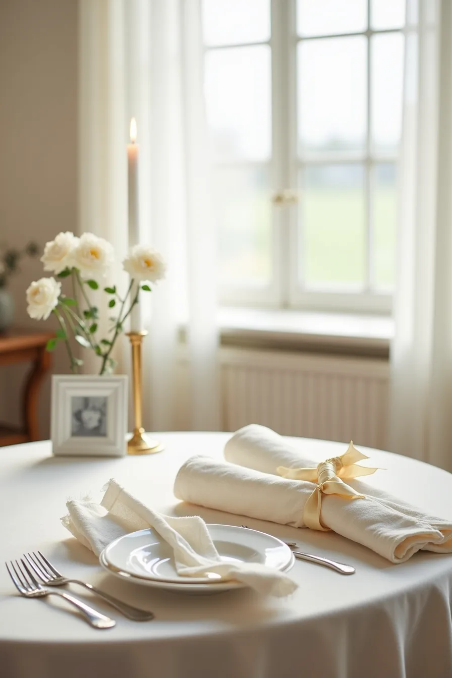 Folded damask tablecloth with rolled napkins tied in ribbon, vintage silverware, and a framed family photo displayed