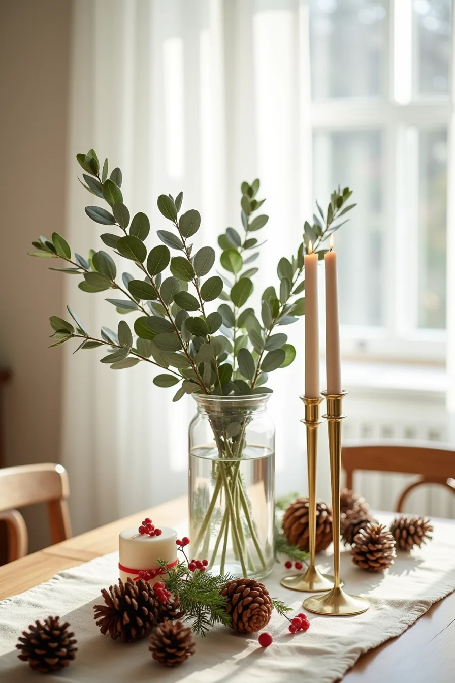 Table centerpiece with tall glass vase of eucalyptus branches, brass candlesticks with candles, pinecones, and red berries