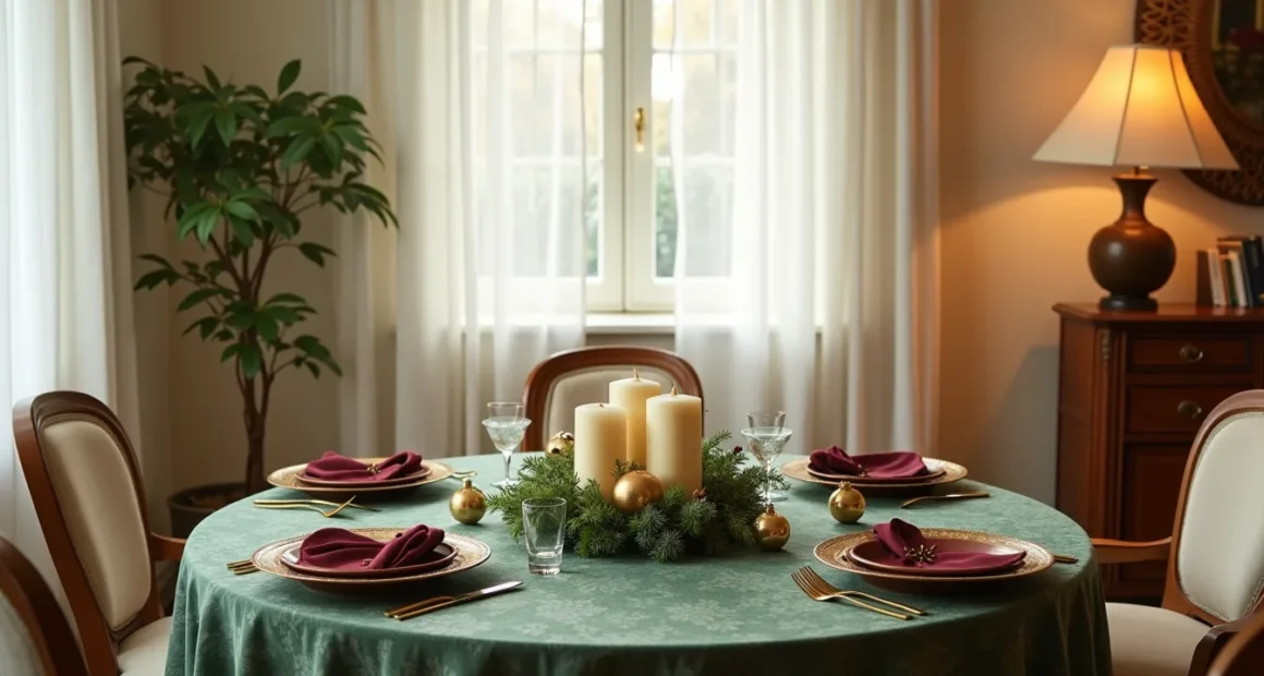 Round table from above with green damask cloth, gold-rimmed plates, burgundy napkins, and centerpiece of greenery, candles