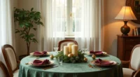 Round table from above with green damask cloth, gold-rimmed plates, burgundy napkins, and centerpiece of greenery, candles