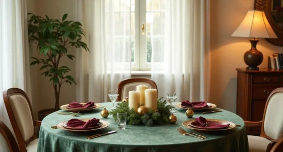 Round table from above with green damask cloth, gold-rimmed plates, burgundy napkins, and centerpiece of greenery, candles