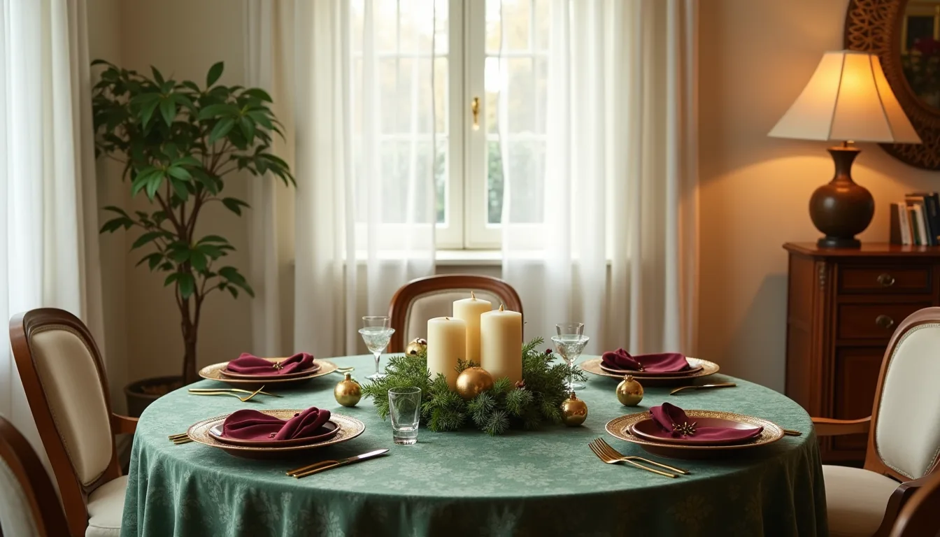 Round table from above with green damask cloth, gold-rimmed plates, burgundy napkins, and centerpiece of greenery, candles
