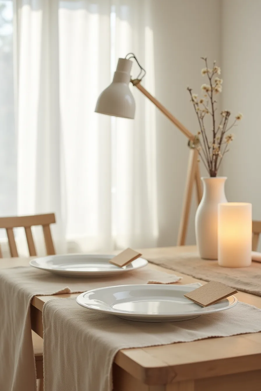 Two simple place settings with white plates, cream napkins, and wooden place cards on a linen runner.