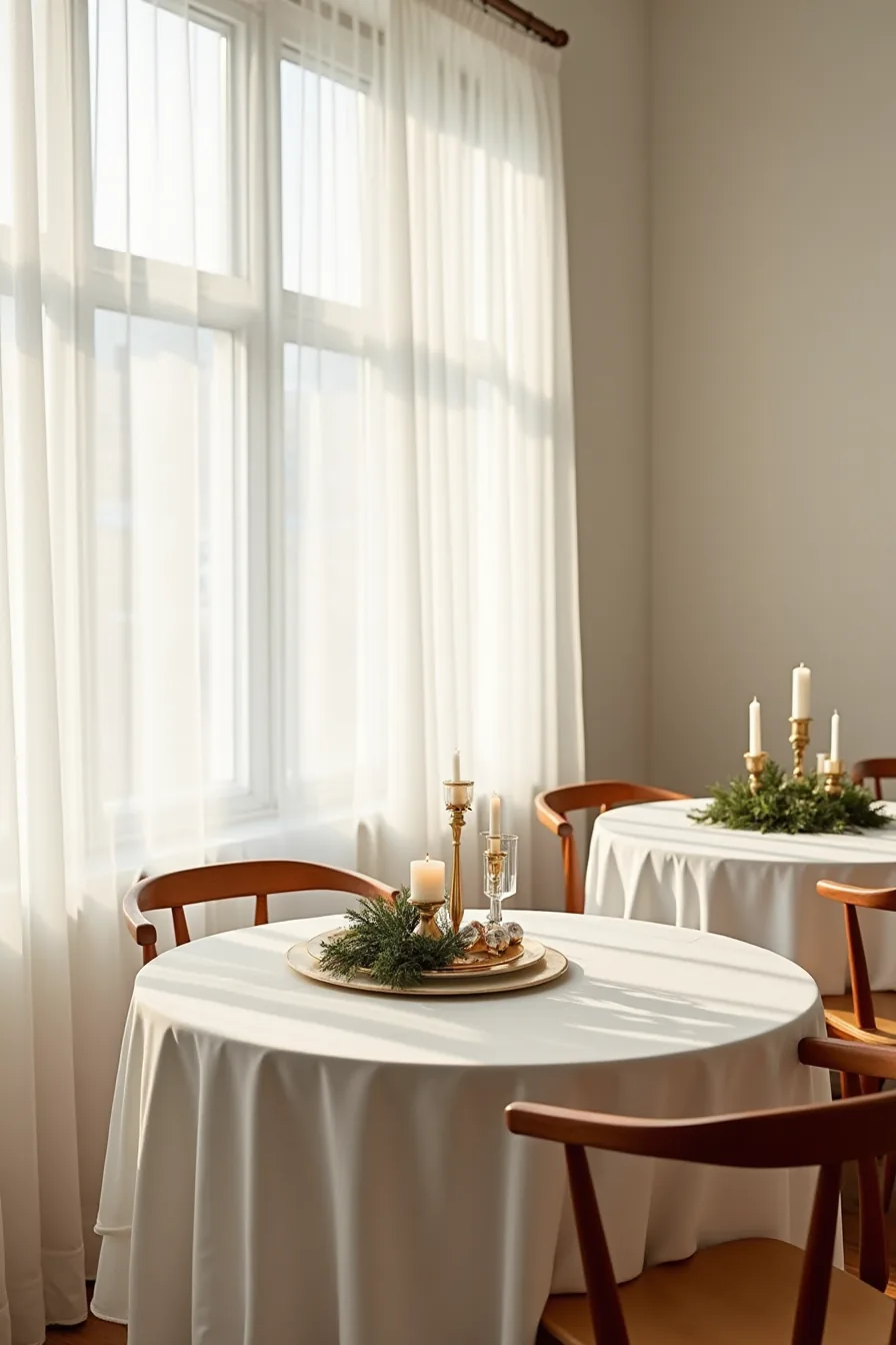 Three tables of increasing size displaying candles and garland in a progression from intimate bistro to formal banquet setup.