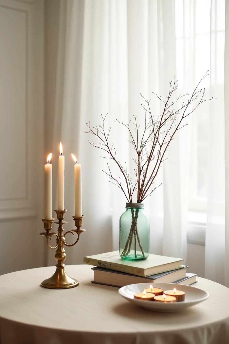 Vintage and thrifted decor items including gold candleholder, mason jar with painted twigs, ceramic dish, and battery tea