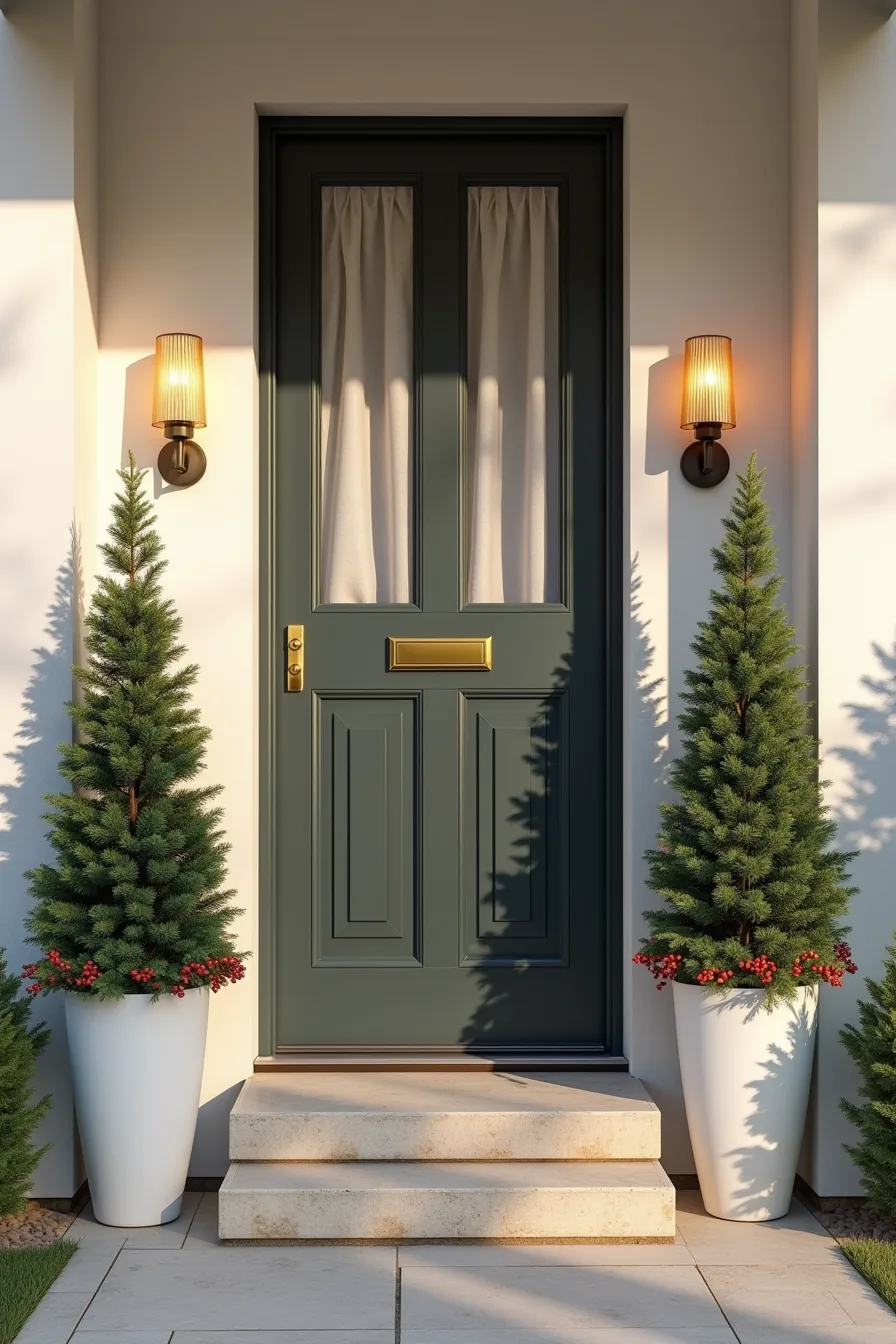 Two ceramic planters with evergreen and berry arrangements flanking a dark front door on stone step.