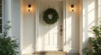 White front door with centered evergreen wreath and brass knocker, afternoon shadow visible on concrete porch.