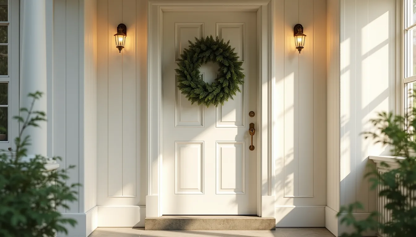 White front door with centered evergreen wreath and brass knocker, afternoon shadow visible on concrete porch.