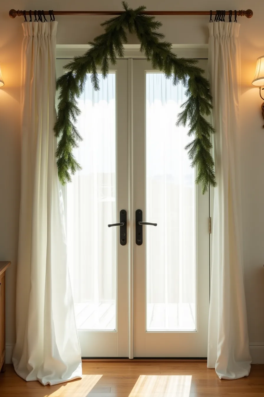 Narrow and wide doorways showing different garland swag styles and proportions for door decoration.
