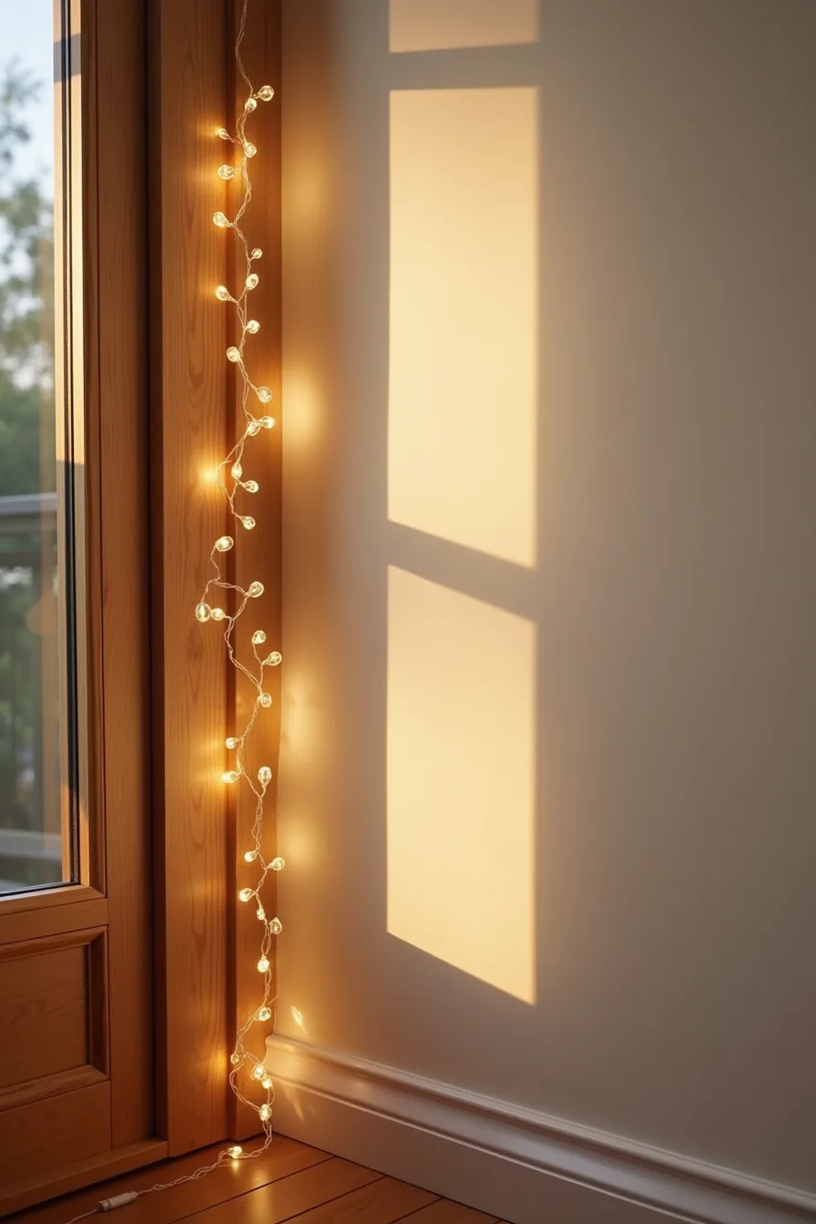 LED string lights wrapped around wooden door frame with visible plug and weatherproof connectors glowing at dusk.