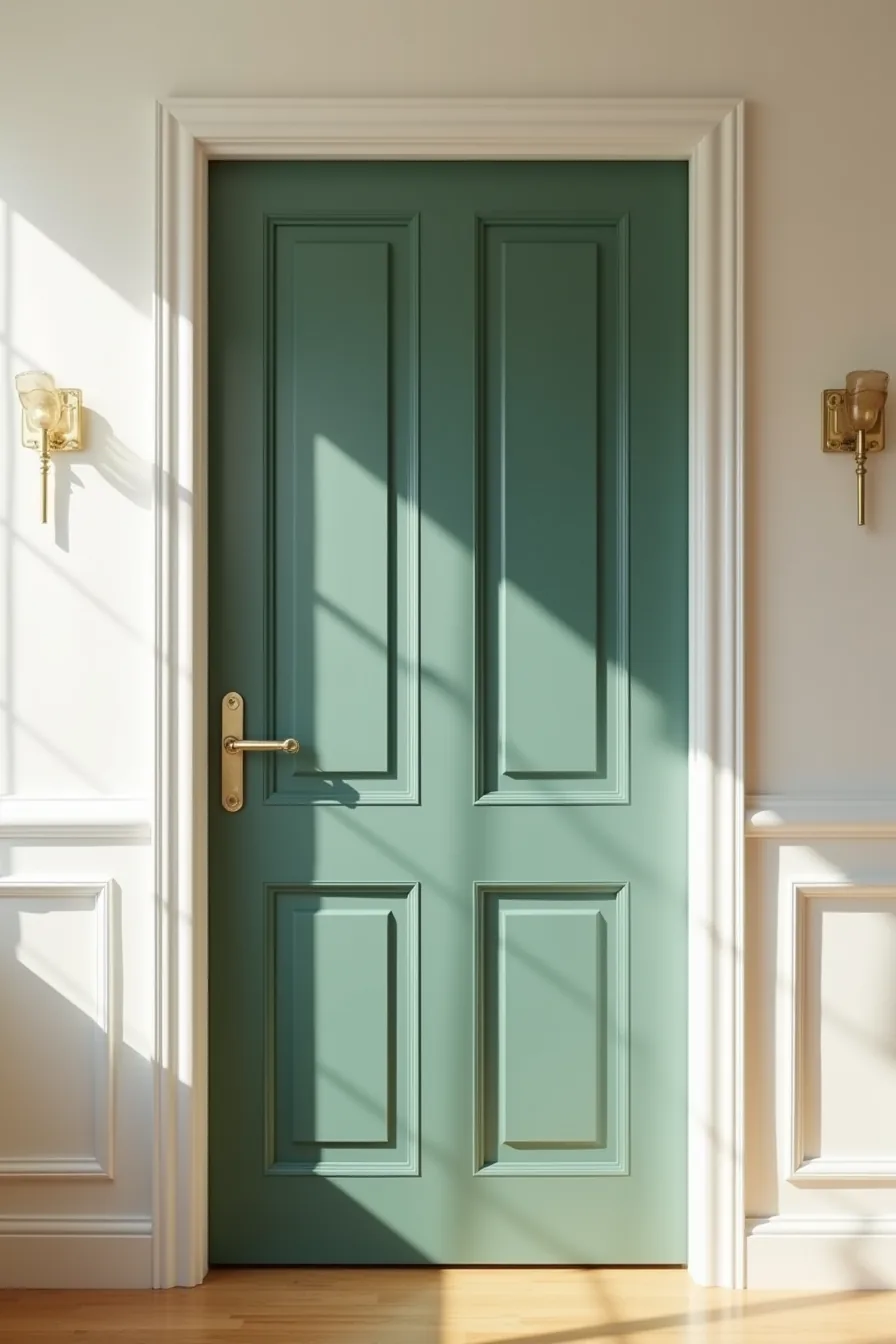 Six-panel door with forest green magnetic panels creating a geometric pattern across each panel.