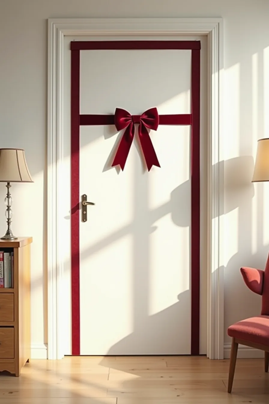 White door decorated with burgundy velvet ribbon frame and red bow, using removable command strips.