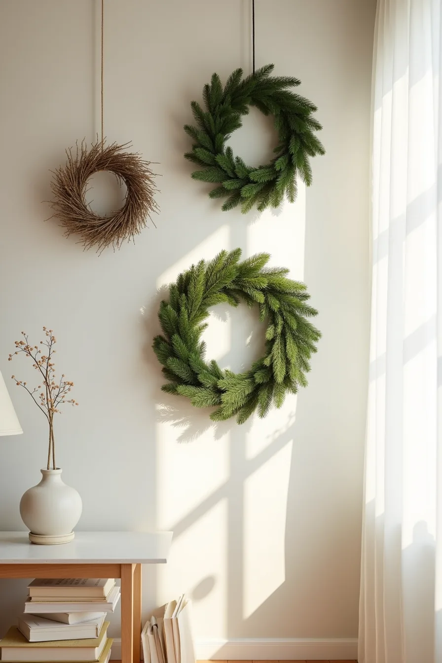 Three wreaths in different sizes and materials displayed side by side with measuring tape for scale comparison.