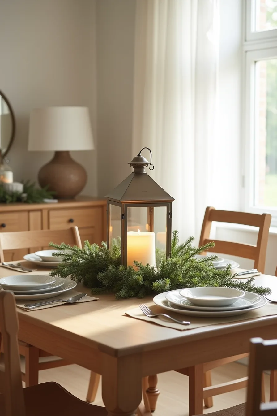 A large lantern centerpiece surrounded by evergreen branches and battery candles sits on a dining table.