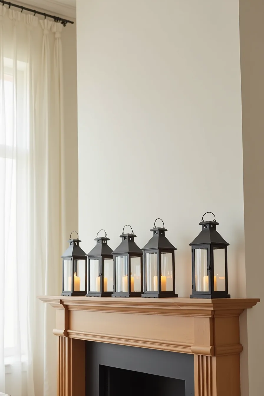 Five alternating clear glass and matte black metal lanterns with candles line a fireplace mantel.
