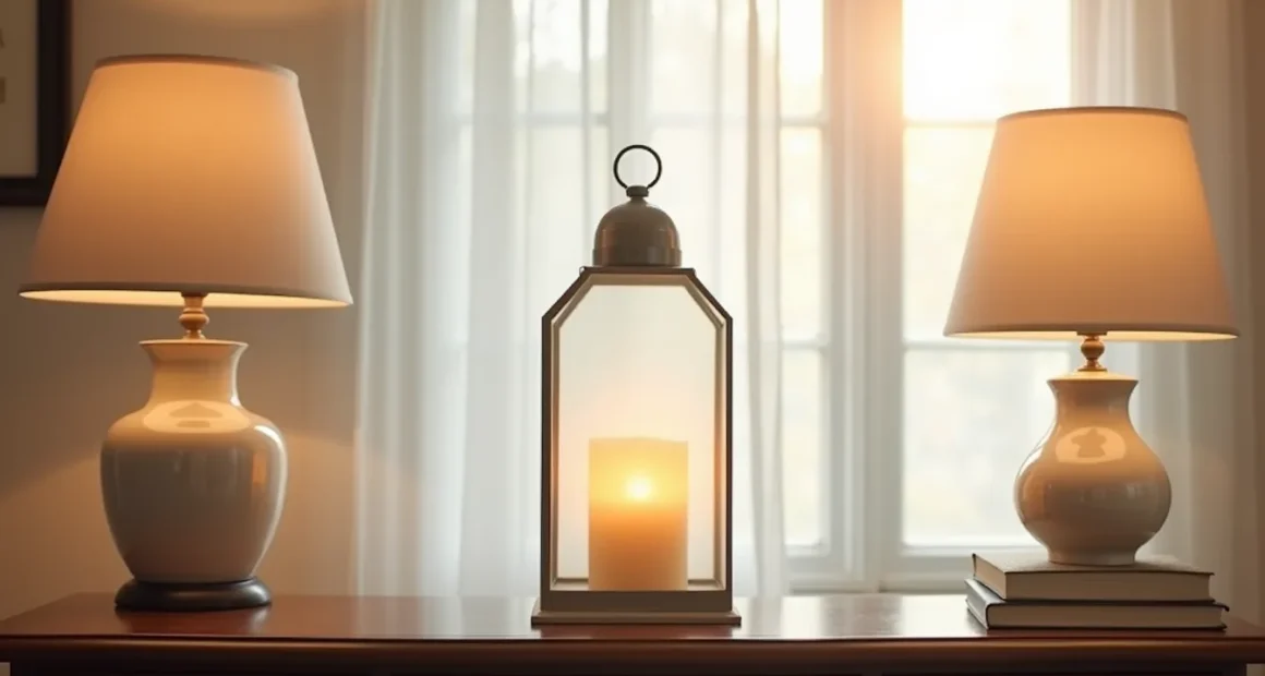 Frosted glass lantern with glowing pillar candle sits on a dark wooden console table against a neutral wall.