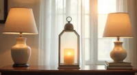 Frosted glass lantern with glowing pillar candle sits on a dark wooden console table against a neutral wall.
