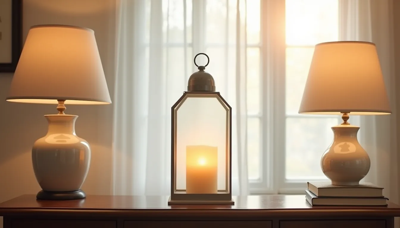 Frosted glass lantern with glowing pillar candle sits on a dark wooden console table against a neutral wall.