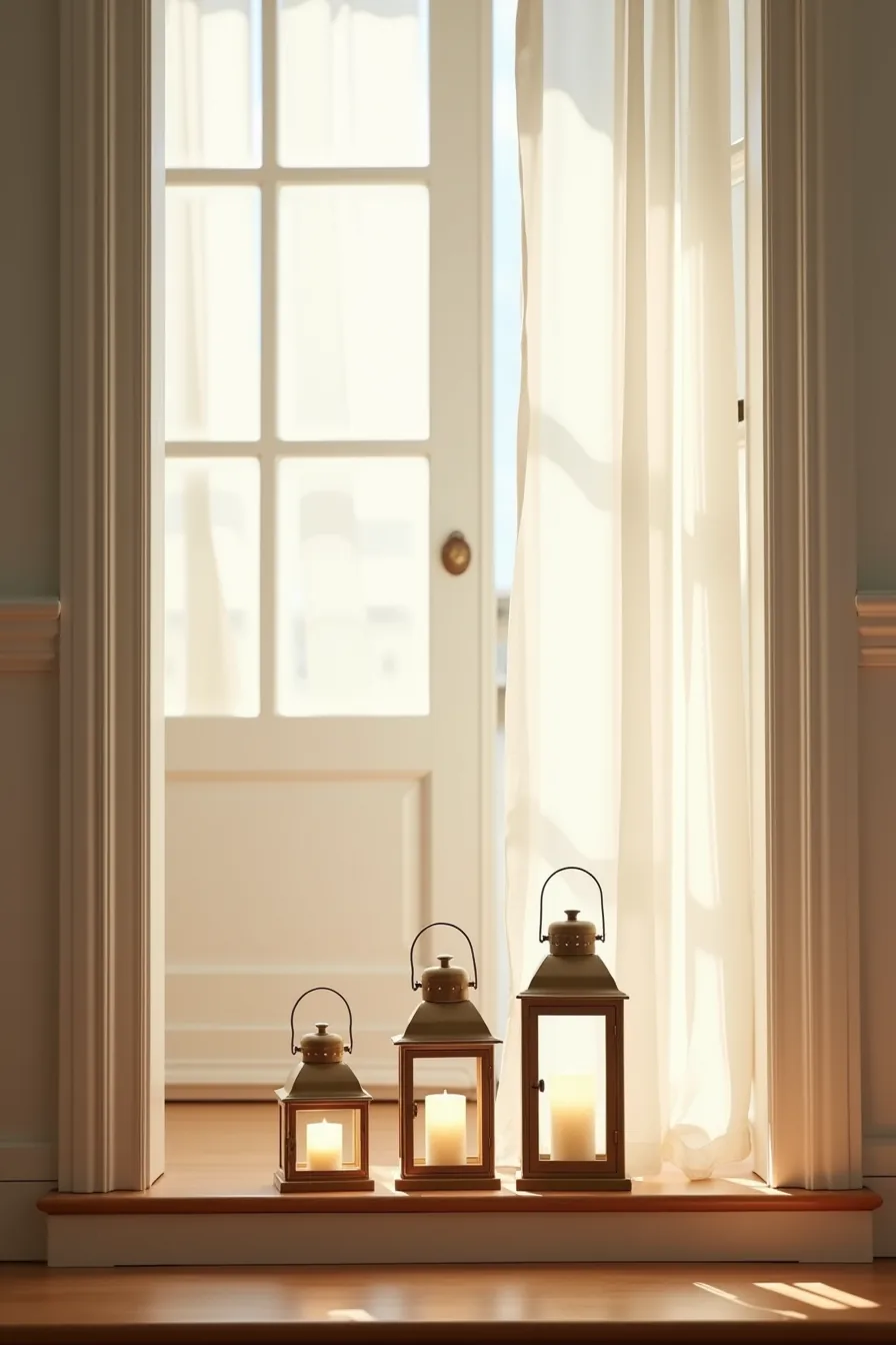 Three lanterns in graduated heights—metal, ceramic, and wooden—stand arranged on a porch step viewed from the front door.