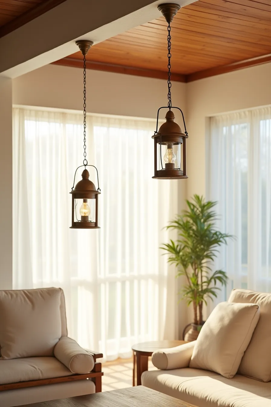 Two lanterns hang from chains at different heights from a patio beam above an empty seating area.