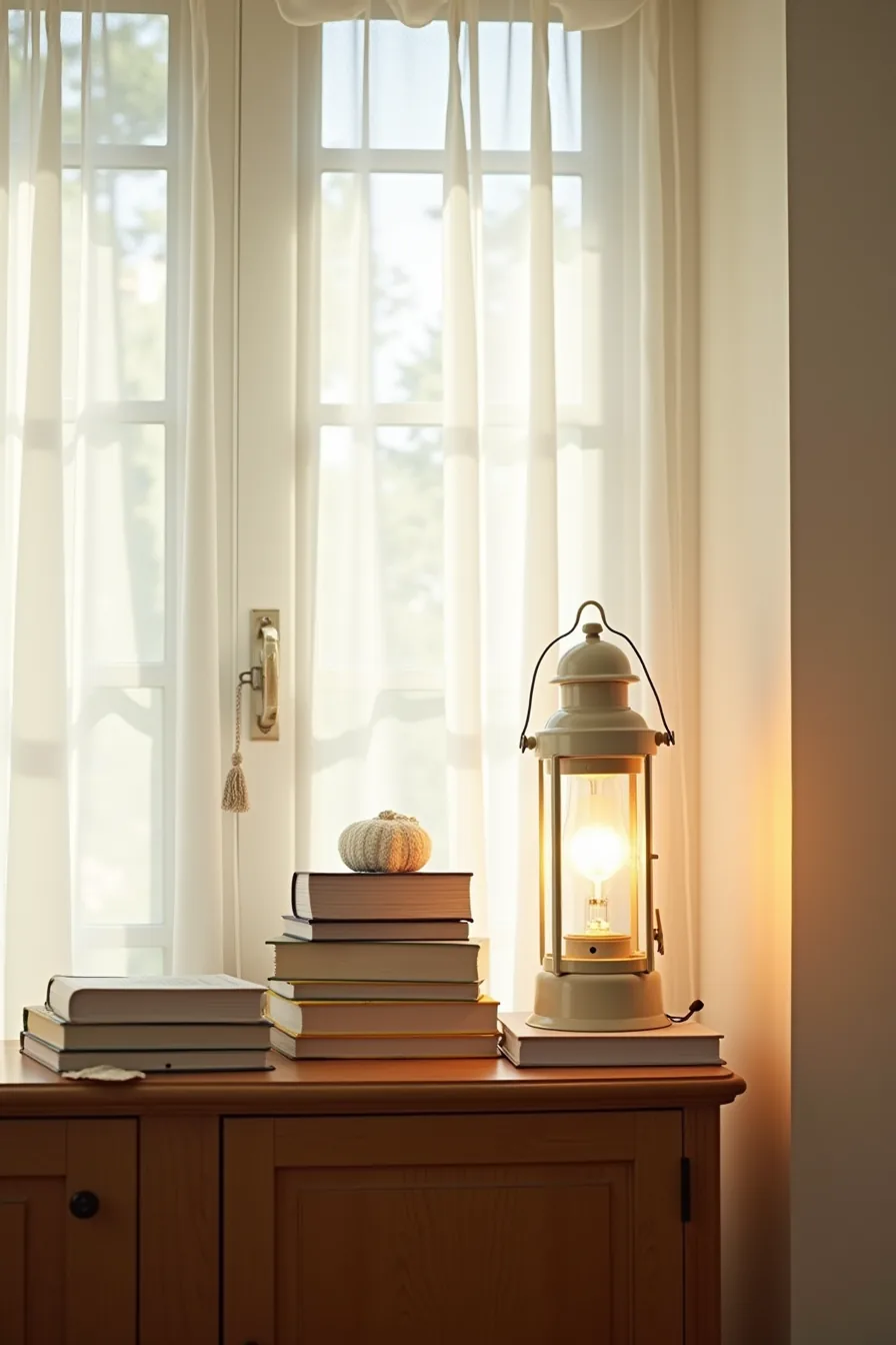 A lantern sits too close to curtain fabric on a crowded sideboard surrounded by stacked objects.