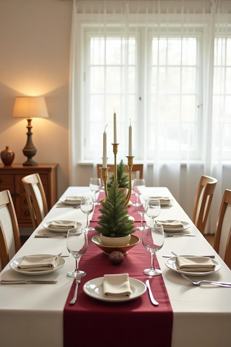 Burgundy table runner with brass candlestick, ornament bowl, potted evergreen, and place settings.