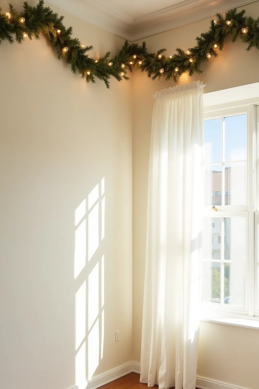 Garland swags and warm white string lights draped along a ceiling corner.