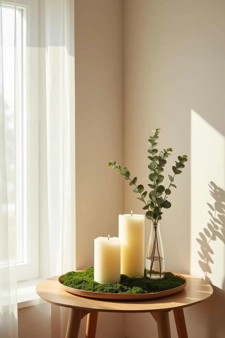 Three cream candles on moss with eucalyptus branches in a glass vase on a corner console table.