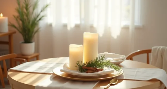 Cream napkin, three candles, pine sprig, gold plate, and cinnamon sticks arranged on a wooden table.