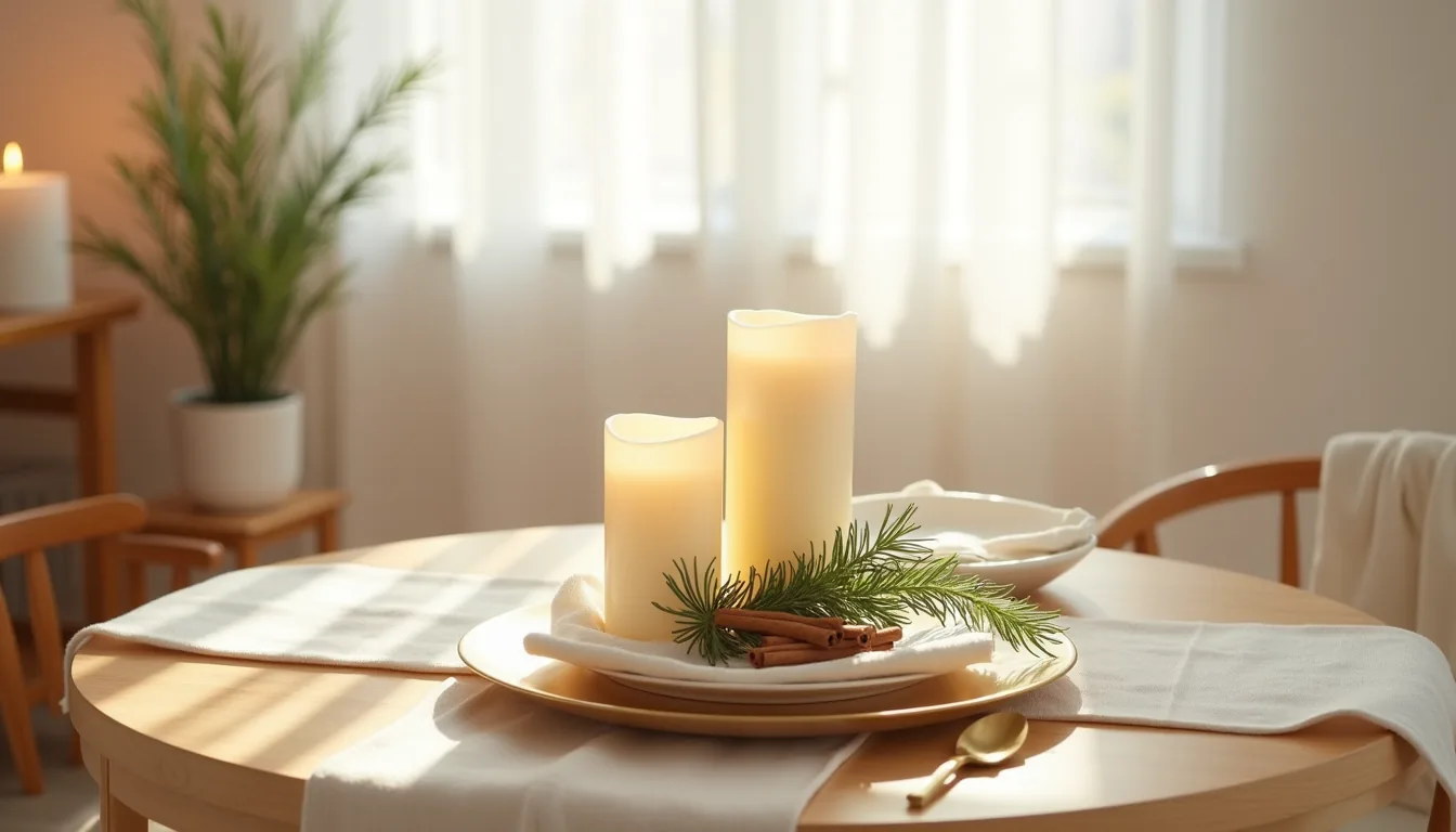 Cream napkin, three candles, pine sprig, gold plate, and cinnamon sticks arranged on a wooden table.
