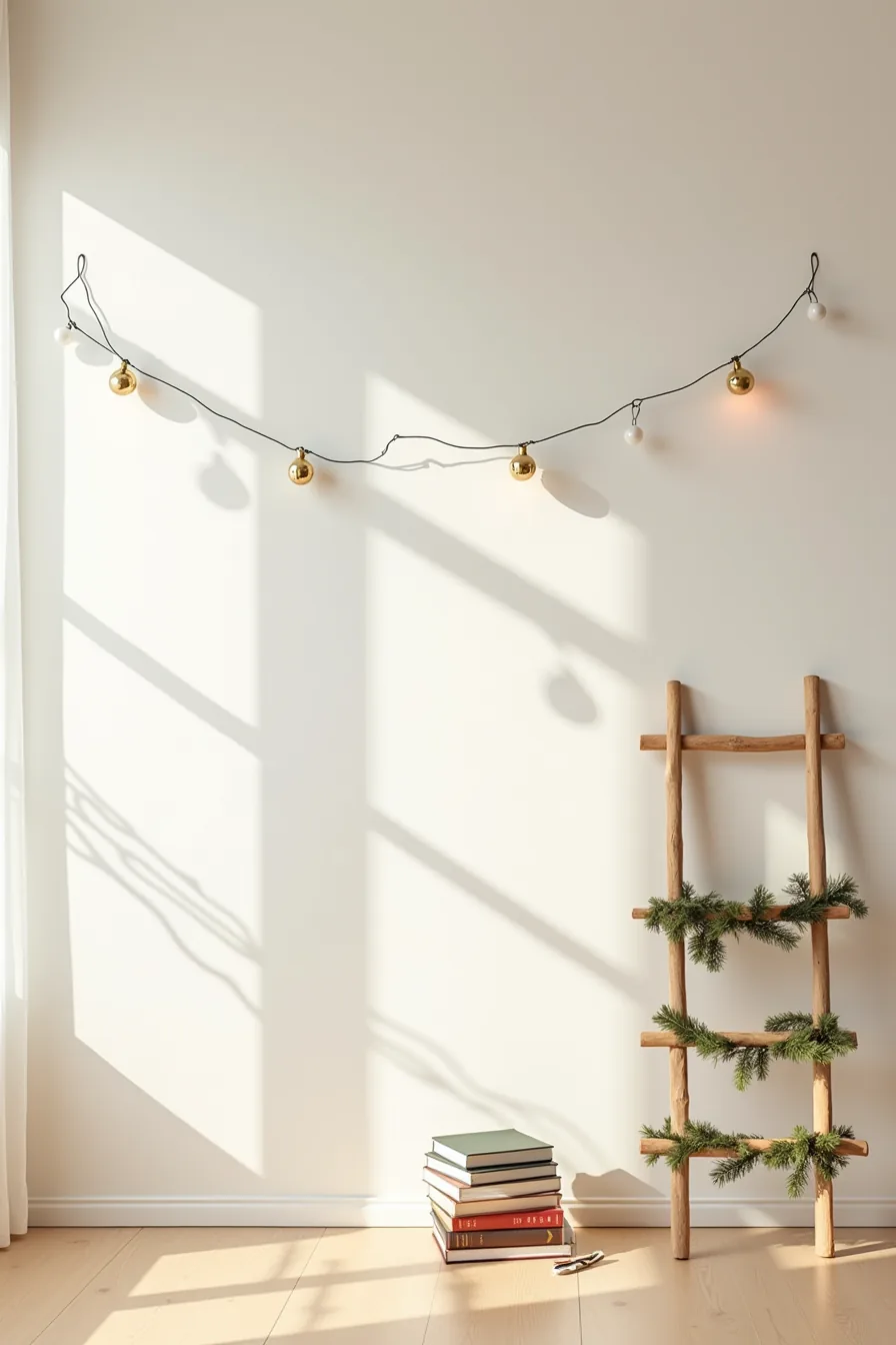 Wooden ladder with wrapped garland, wall-mounted garland with adhesive hooks, and ornaments on tension rod.