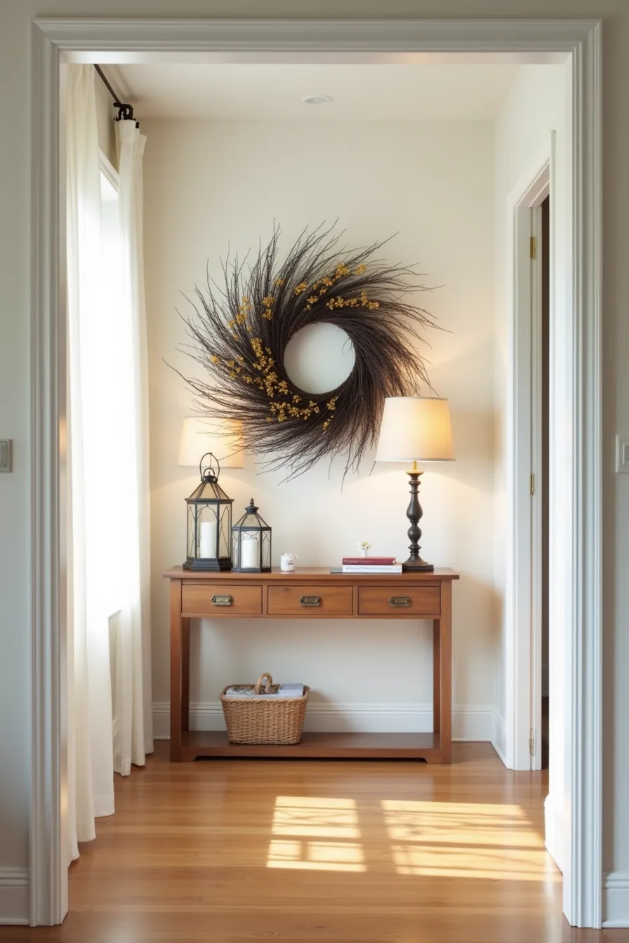 Dark branch wreath with gold accents flanked by two lanterns on a console table in an entryway.