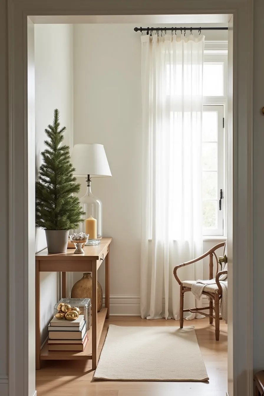 Entryway console table displaying a potted evergreen, glass hurricane candle, stacked books, and brass bowl of ornaments.