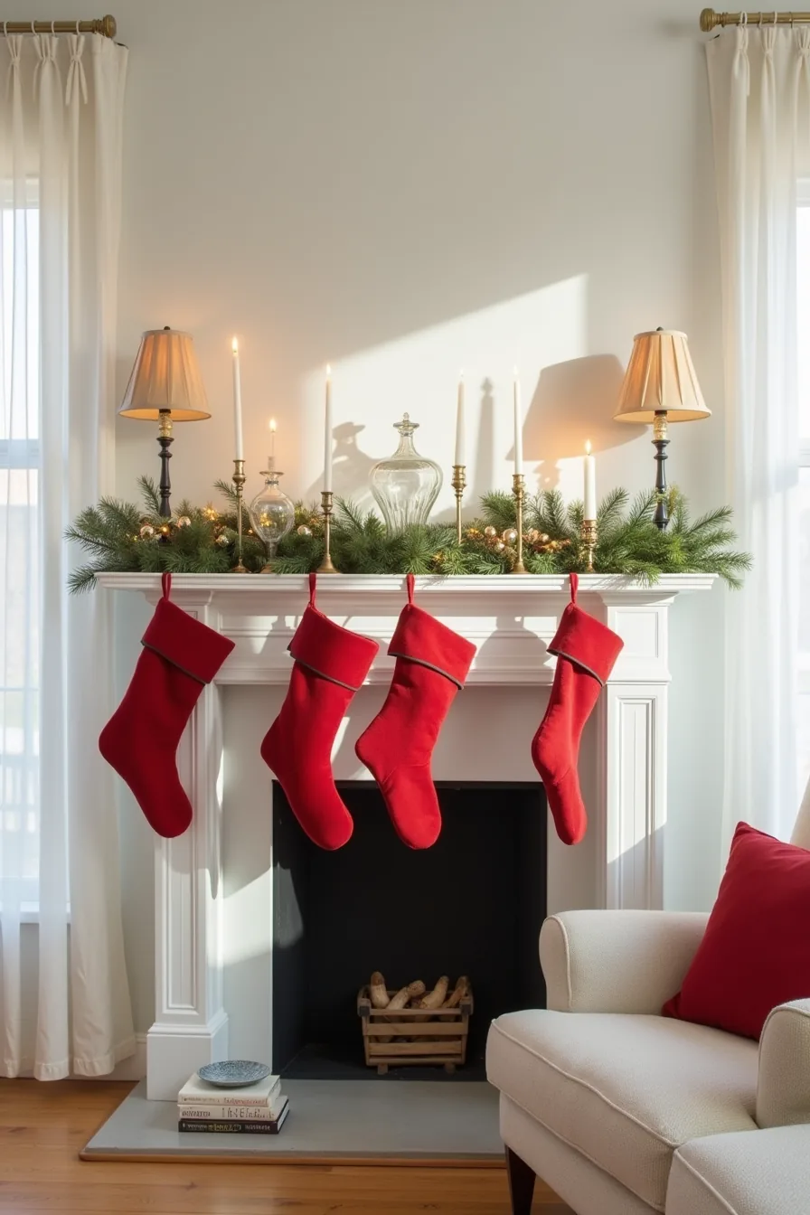 Fireplace mantel decorated with red stockings, varied candlesticks, greenery in glass vessels, and wooden ornaments.