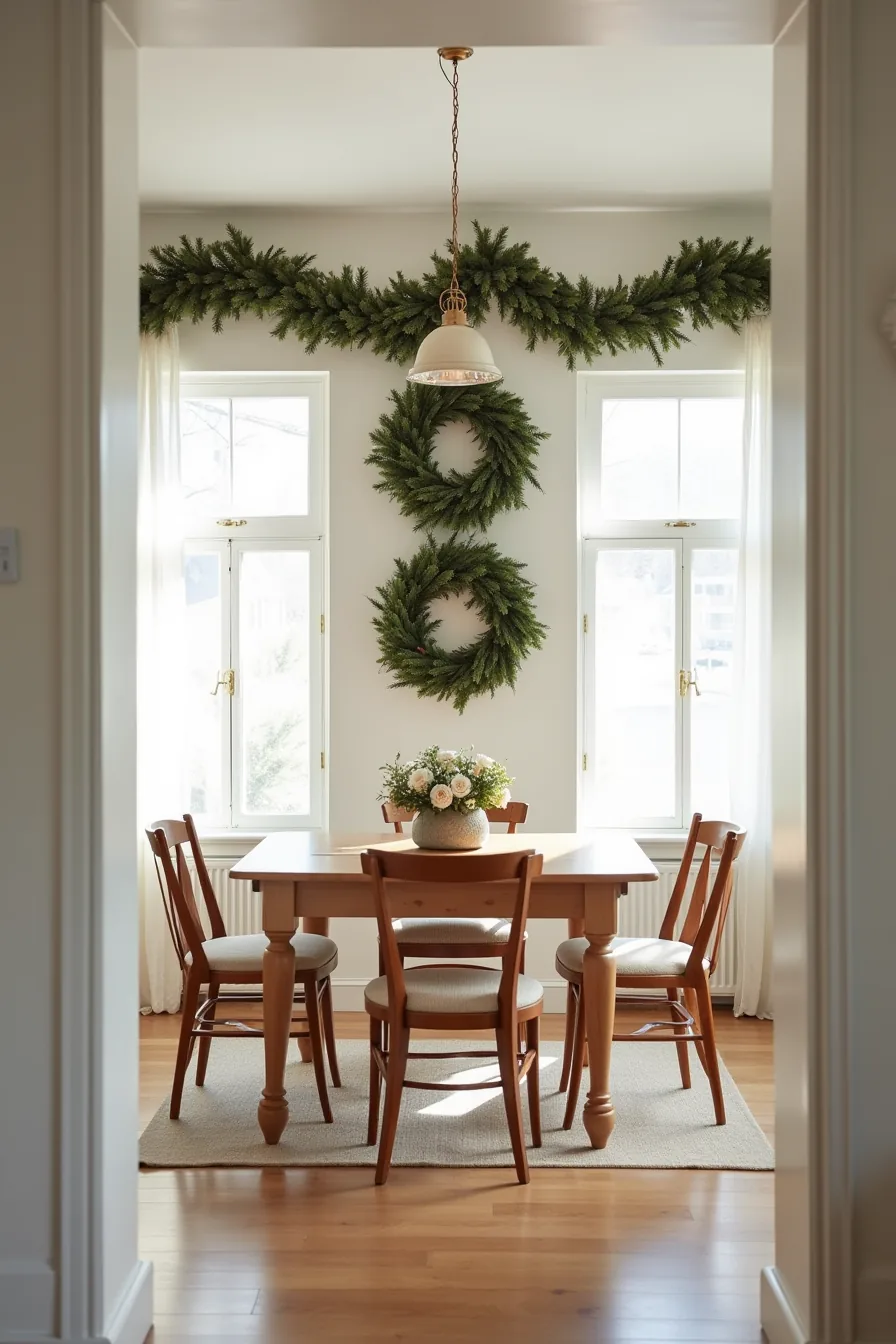 Dining room wall completely covered with garland swag and three large wreath forms, with plain walls on both sides.
