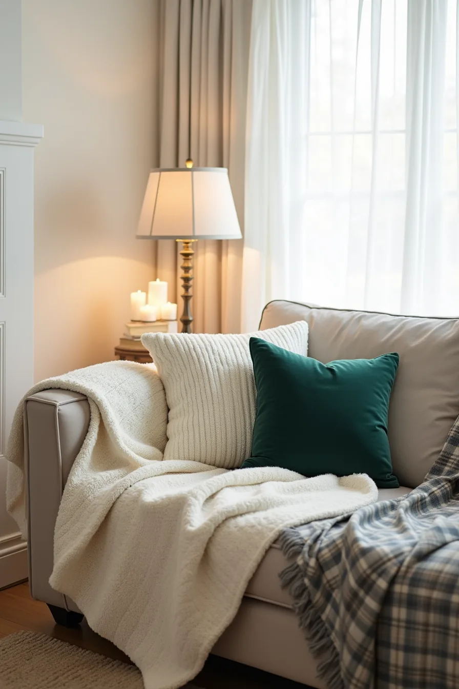 Sofa layered with a cable-knit blanket, green velvet pillow, cream linen pillow, and plaid throw in various textures.