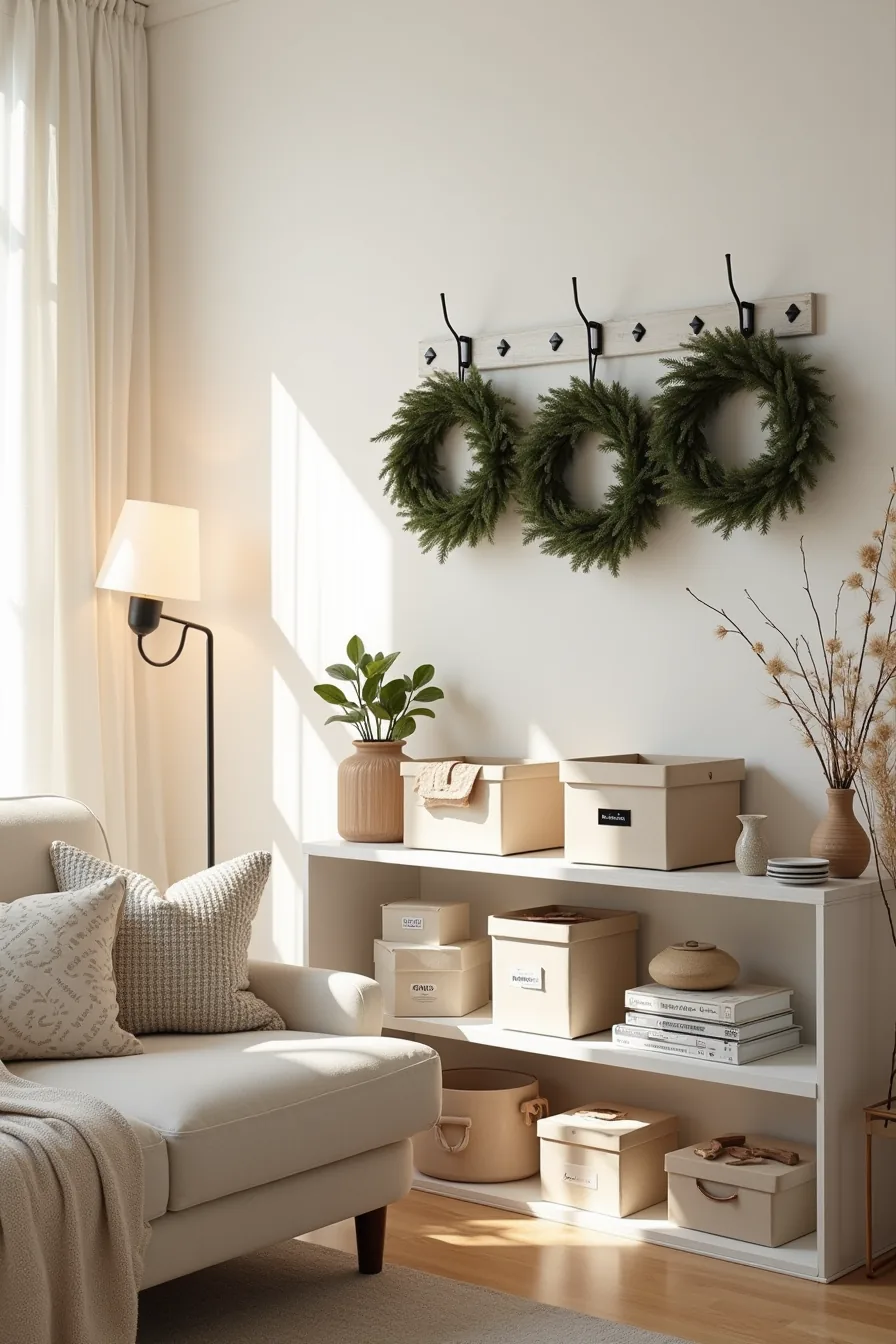 Open shelving unit with labeled storage boxes, coiled garland, preserved wreaths on hooks, and coordinated seating below.