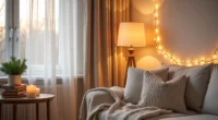 Cozy living room corner with string lights, lit candles, evergreen sprigs, and a chunky knit throw draped over a sofa.